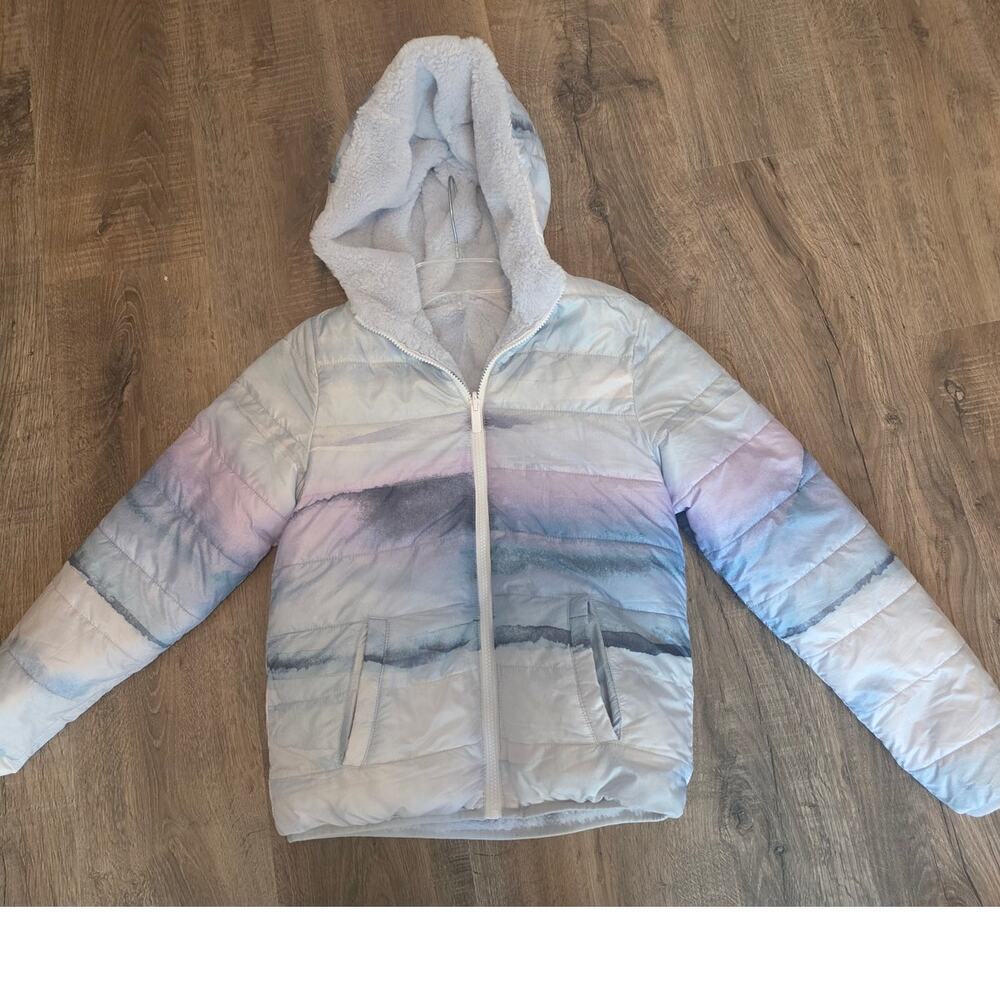 Abercrombie & Fitch Girls Reversible Watercolor Puffer Jacket Faux Fur 11 12